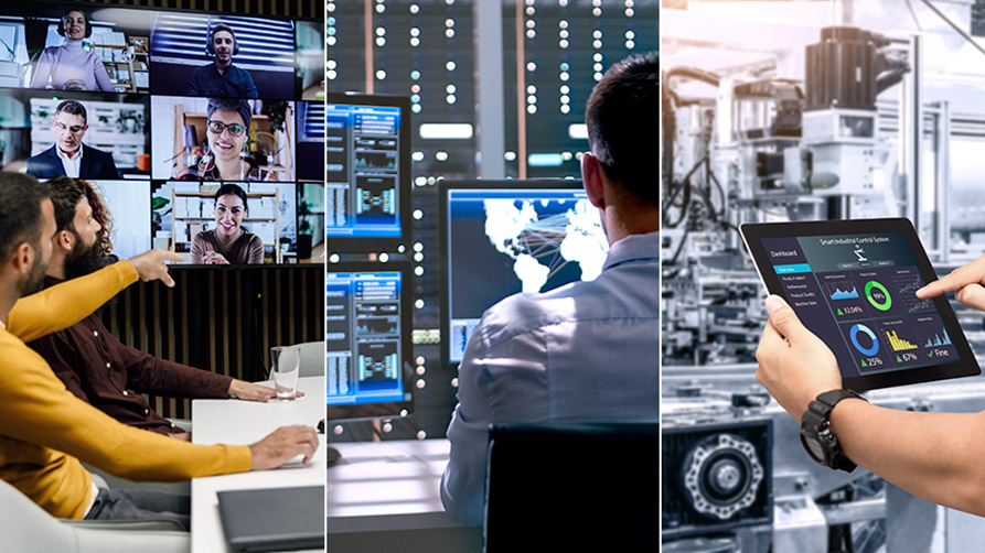 Collage aus drei Fotos: Videokonferenz in Meetingraum, Beschäftigter in Leitwarte, Tablet-Steuerung für Maschine